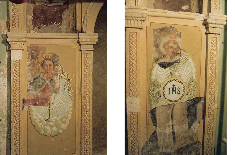 After manual removal of the amateur ochre colored 1940&rsquo;s frescoed additions, the "Madonna della Misericordia" appeared on the left side of the altar and "Saint Jude" on the right side (18th century anonymous local artist). See next photo for further discoveries.<br />Church of San Pietro in Caveoso, Matera, Italy.