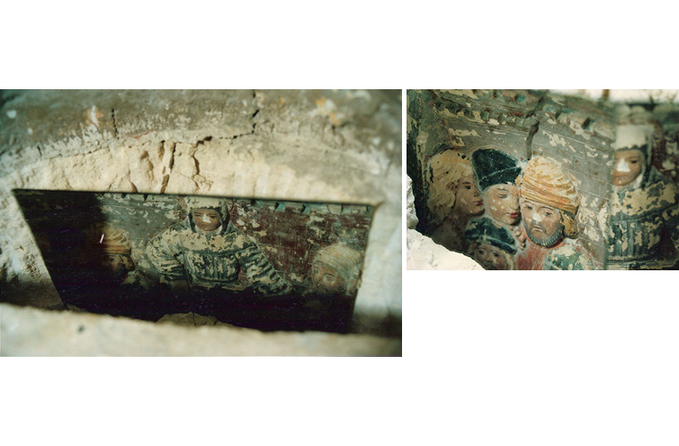 Discovered hidden behind the frescoed slabs of masonry on both the left and right sides of the altar (previous photo) were six late 13th century polychrome reliefs (facing into the concave wall, three on each side, placed one above the other). Here, the first relief is captured in the reflection of a mirror.<br />Church of San Pietro in Caveoso, Matera, Italy.