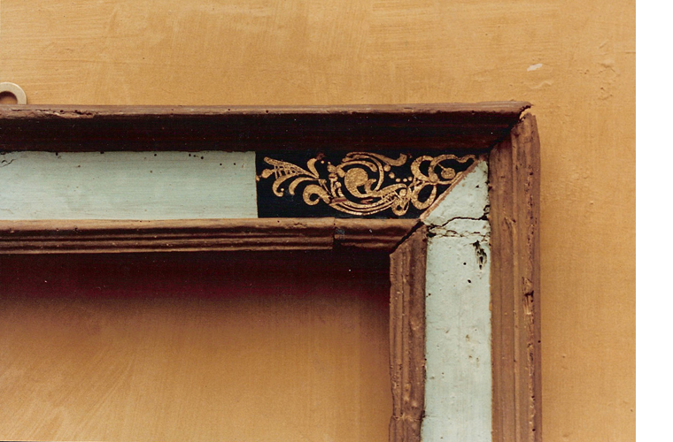 Beautiful black and gold filigree work discovered underneath the 18th century green paint of 14 wooden frames.<br />Private apartments of  Palazzo Colonna, Rome, Italy.