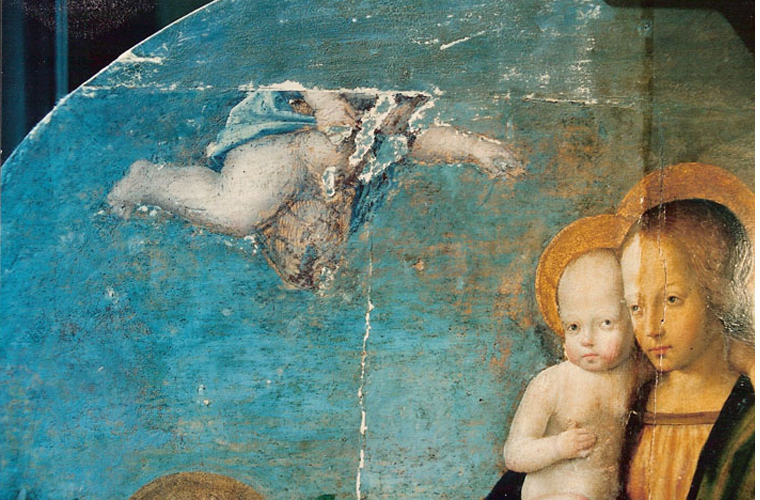 "Saints Agatha and Agnes" during cleaning. Note appearance of unfinished angel, the artist&rsquo;s pentimento, to the left of the Madonna. The artist decided to cover this unfinished angel (left ) with sky.<br />Galleria Colonna, Rome, Italy.