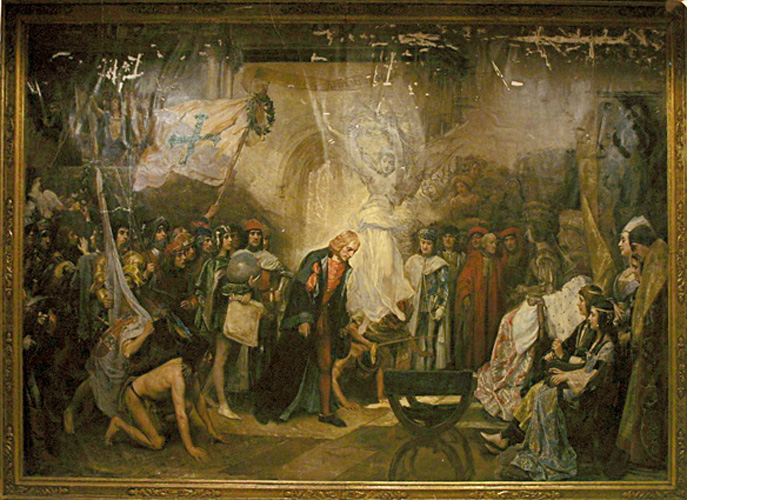 Raimundo de Madrazo&rsquo;s "Christopher Columbus at the Court of Ferdinand and Isabelle" (circa 1890-1900) is a mural sized painting that measures 25 feet wide by 14 feet tall; its figures are life-sized. Italo-American Senators of Albany Award for Excellence in Restoration, 2004.<br /><br />click images to advance >>