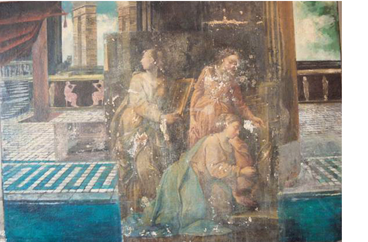 Discovered while cleaning a large mediocre 20th century &rsquo;Bath&rsquo; scene, 18th century "Vestal Virgins" tending the eternal flame.<br />Private collection, Rome, Italy.