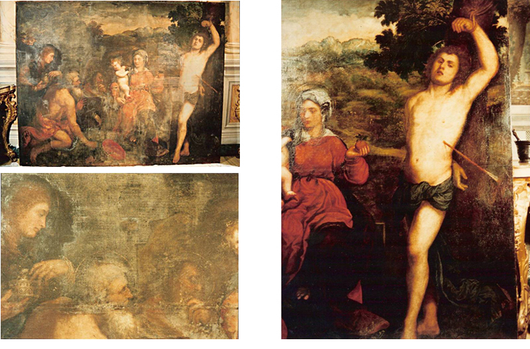 Left side: condition of Paris Bordone&rsquo;s "St. Sebastian" painting before restoration. Below: detail.<br />Right side: after restoration.<br />Galleria Colonna, Rome, Italy.
