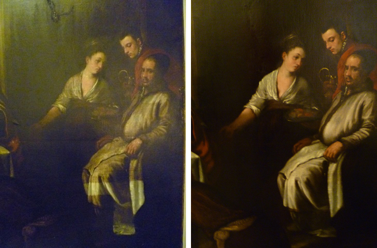 Left side photo shows a detail of a Jacopo or Francesco Bassano painting during cleaning. Note lower section of seated man&rsquo;s robe.<br />Right side: restored. BASSANO (Italian mid-16th century).<br />Private collection, New York City.